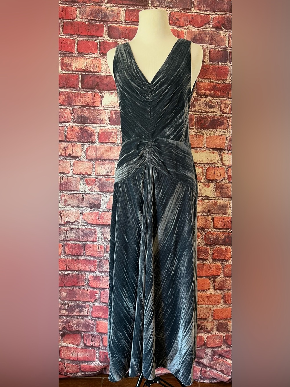 Vince Azure Slate Gray Ruched Textured Velvet Sleeveless Midi Dress 2